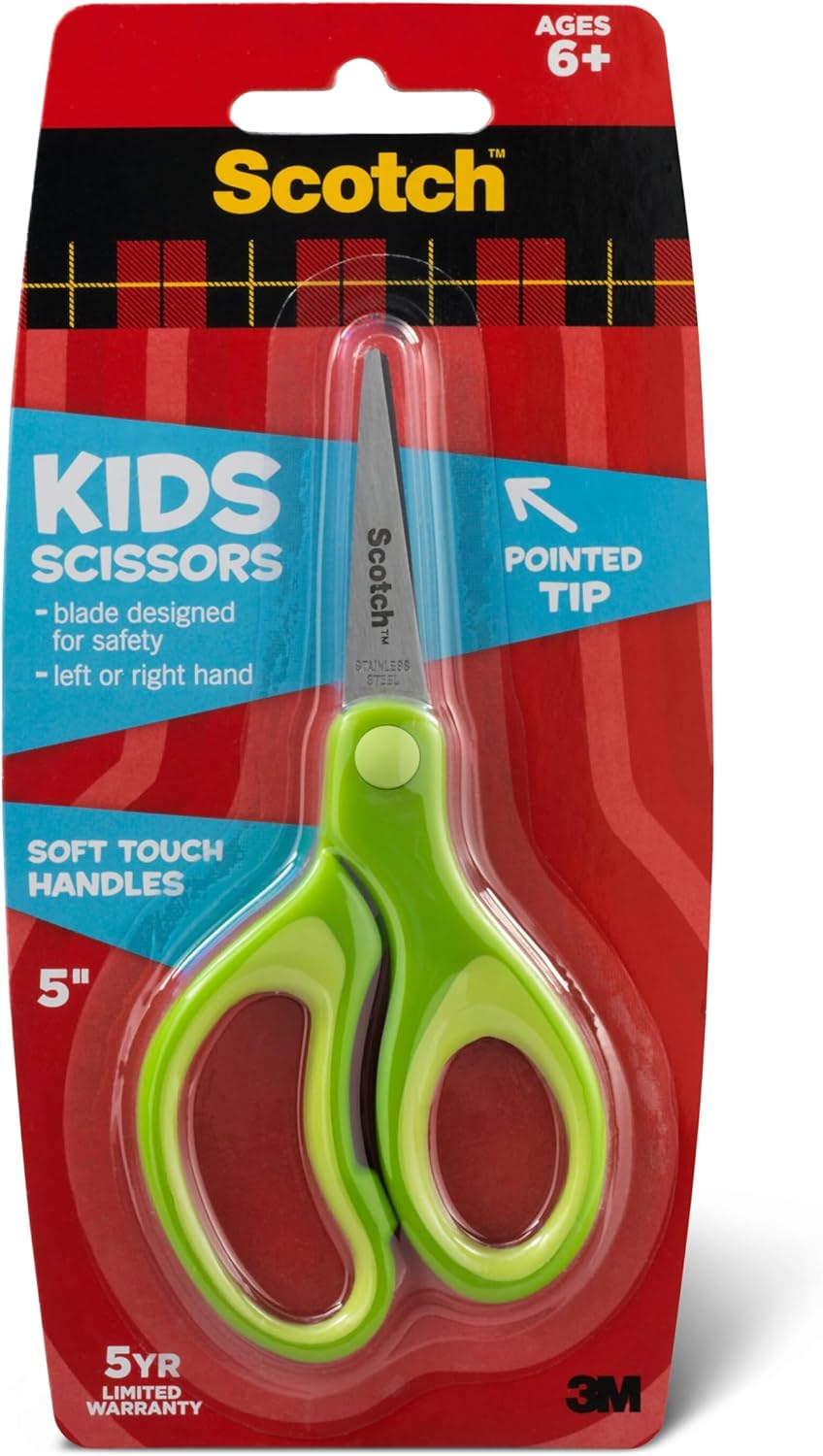 Scotch Kids Pointed Tip Scissors with Soft Touch, 5" (Colors may vary) | Stainless Steel Blades For Classroom Crafts