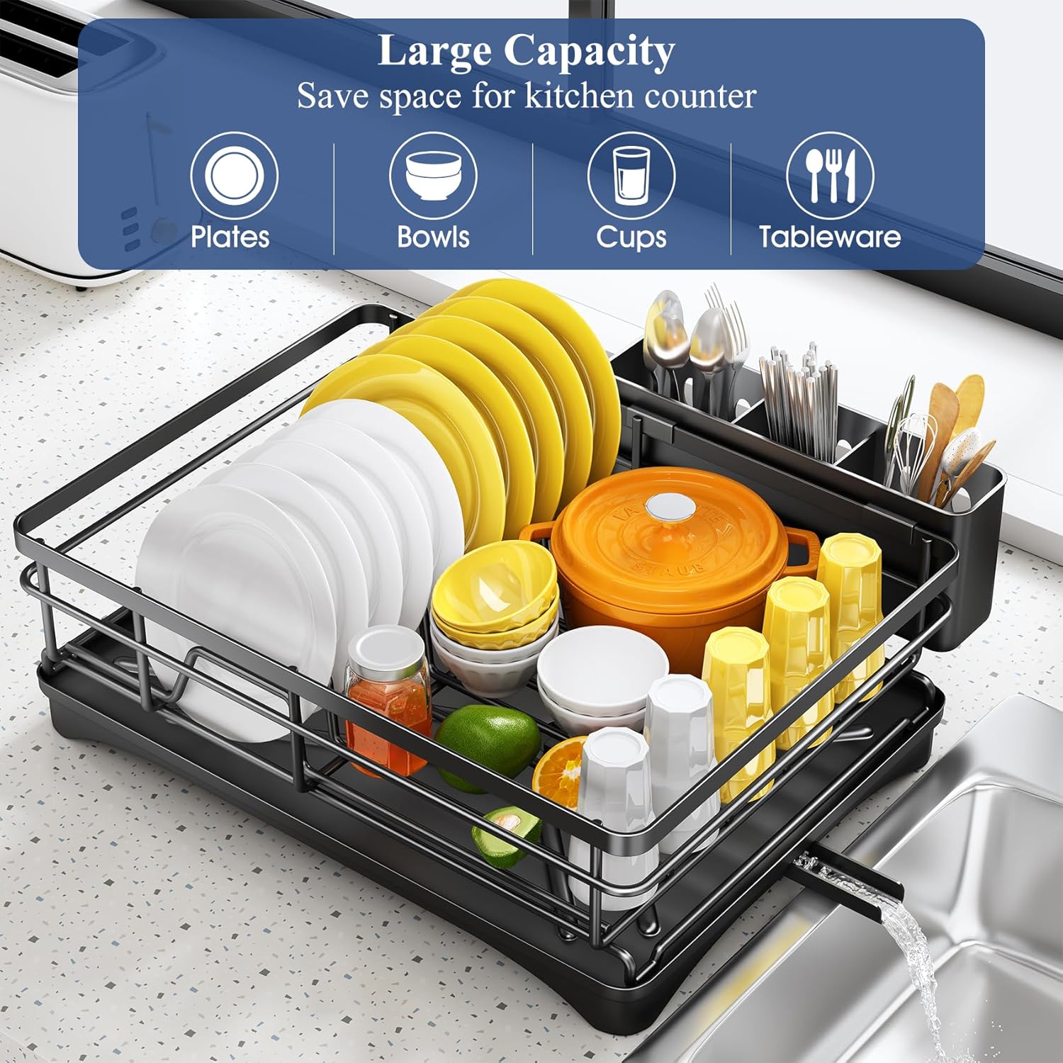 Self-Draining Stainless Steel Dish Rack for Kitchen Counter w/ Utensil Holder Review - Image 2