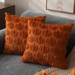 DFXSZ Fall Pillow Covers 18x18 2Pcs Rust Pumpkin Fall Decorations for Home | Fall decor Set of 2 Throw Pillow Cases Soft Plush Faux Fur Wool Couch Cushion for Chair Sofa Bedroom Living Room Home Decor