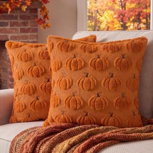 Softalker Fall Throw Pillow Covers 18x18 Set of 2 Rust Orange Pumpkin Decor | Double-Sided plush comfort with raised Autumn pumpkin embroidery, designed for couch sofas, bedrooms, and home decorations.