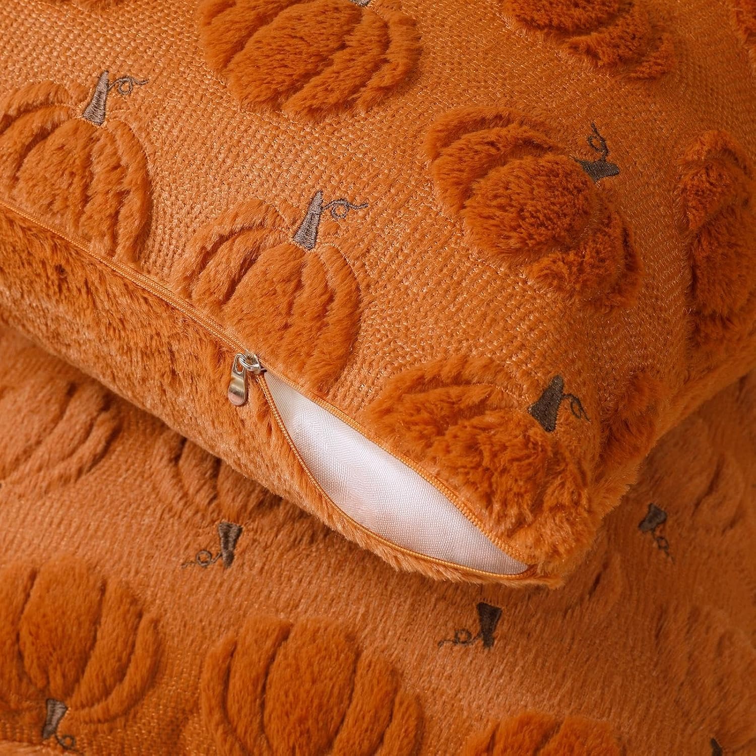 Set of 2 Rust Orange 18x18 Fall Pumpkin Plush Embroidered Pillow Covers - Image 2