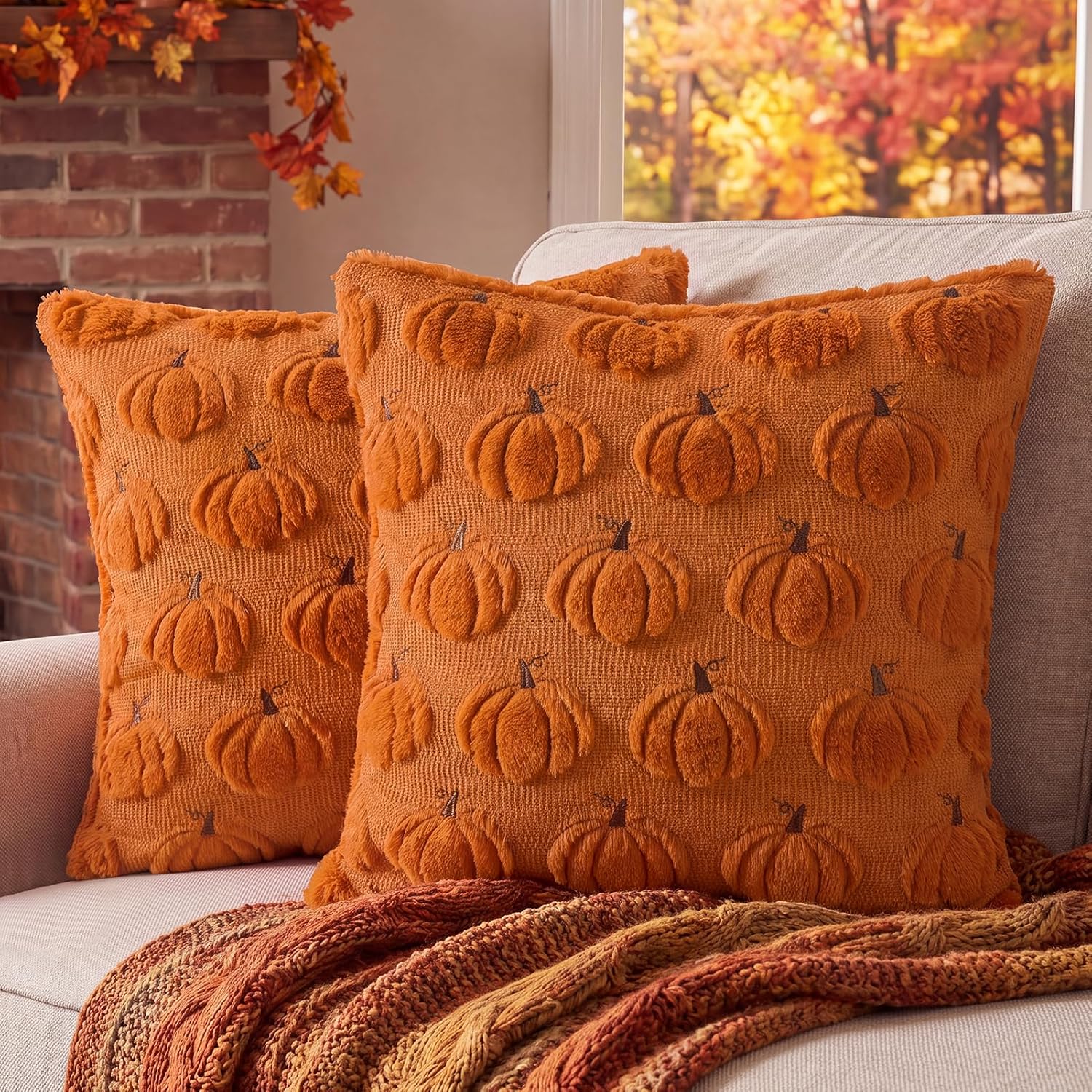 Softalker Fall Throw Pillow Covers 18x18 Set of 2 Rust Orange Pumpkin Decor | Double-Sided plush comfort with raised Autumn pumpkin embroidery, designed for couch sofas, bedrooms, and home decorations.