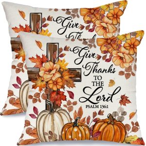18x18 Inch Set of 2 Hello Fall Pillow Covers, Pumpkin Cross Floral Throw Pillow Cases, Rustic Autumn Harvest Decorative Cushion Covers for Sofa Bedroom Living Room Thanksgiving Home Decor