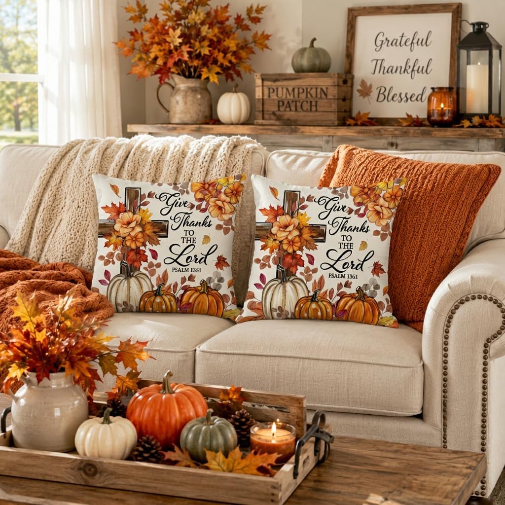 Set of 2 Rustic 18" Fall Pumpkin Floral Decorative Pillow Covers - Image 2