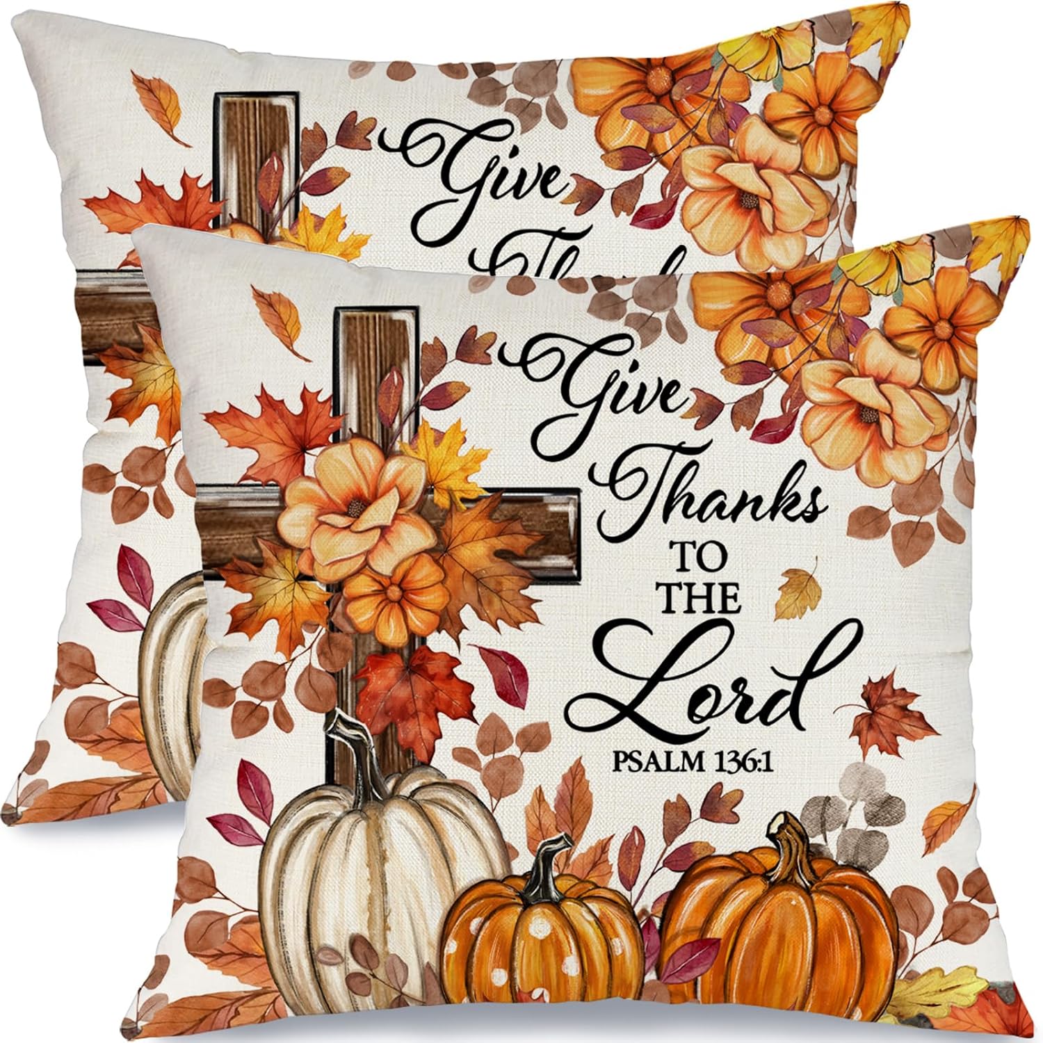 18x18 Inch Set of 2 Hello Fall Pillow Covers, Pumpkin Cross Floral Throw Pillow Cases, Rustic Autumn Harvest Decorative Cushion Covers for Sofa Bedroom Living Room Thanksgiving Home Decor