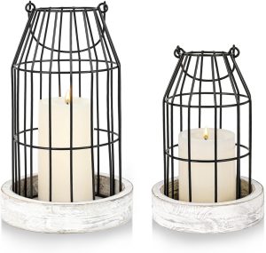 Rustic Wire Metal Cloche Set of 2 Candle Lantern Decorative Indoor Outdoor Vintage Cage Candle Holders Modern Farmhouse Decor for Fireplace Mantle Entryway Living Room Kitchen Dining Table Centerpiece