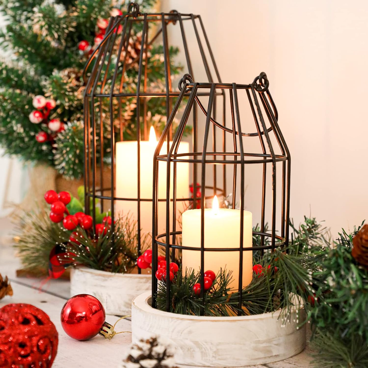 Set of 2 Rustic Cage Candle Lanterns - Modern Farmhouse Indoor/Outdoor Decor - Image 2