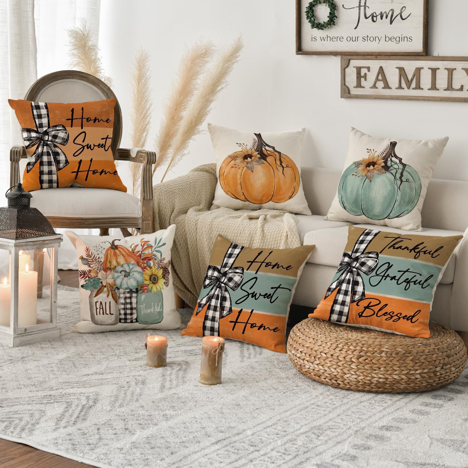 Set of 4 Fall Pumpkin 18x18 Pillow Covers: Thankful Home Sweet Home Decor - Image 2