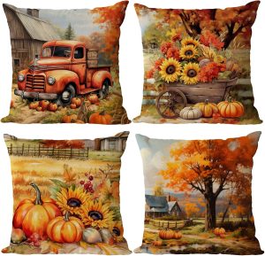 YeeJu Fall Throw Pillow Covers 18x18 Set of 4 Thanksgiving Pumpkin Pillow Covers Farmhouse Orange Autumn Pillow Case Sunflower Cushion Covers Outdoor Sofa Couch Home Decorations 18 Inch