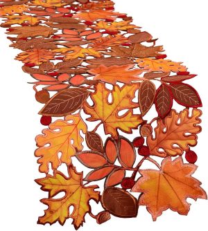 Simhomsen Embroidered Fall Leaves Table Runner for Thanksgiving, Autumn Harvest Decorations (14 × 68 inches)