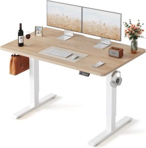FEZIBO Standing Desk, 48 × 24 Inches Electric Height Adjustable, Sit and Stand Up, Computer Office Desk with Splice Board, White Frame/Maple TOP | Sit and Stand Up Adjustable Desk, Home Office Computer Desk with 3 Customizable Memory Presets