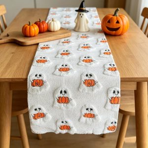 3D Halloween Table Runner Soft Plush Faux Fur 13 x 72 inches | 3D Jacquard Ghost Pumpkin, Cute Ghost Tabletop Decoration, Kitchen Holiday Home Party Decor