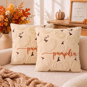 Faux Rabbit Fur Fall Pillow Covers 18x18 Soft Fluffy Pumpkins Beige | Throw Pillow Covers 18x18 Set of 2 Couch Sofa Livingroom Bedroom Decorative Vintage Fall Home Decor