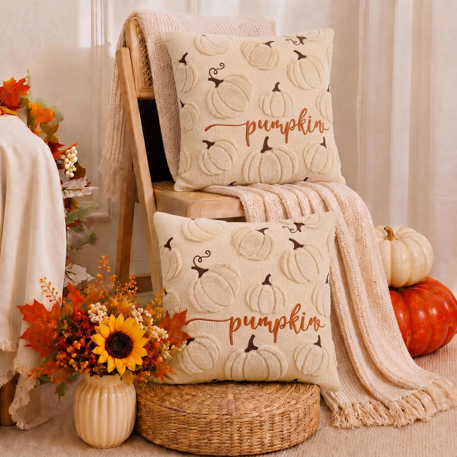 Soft Faux Fur Fall Pumpkin Throw Pillow Covers 18x18 - Beige, Set of 2 - Image 2