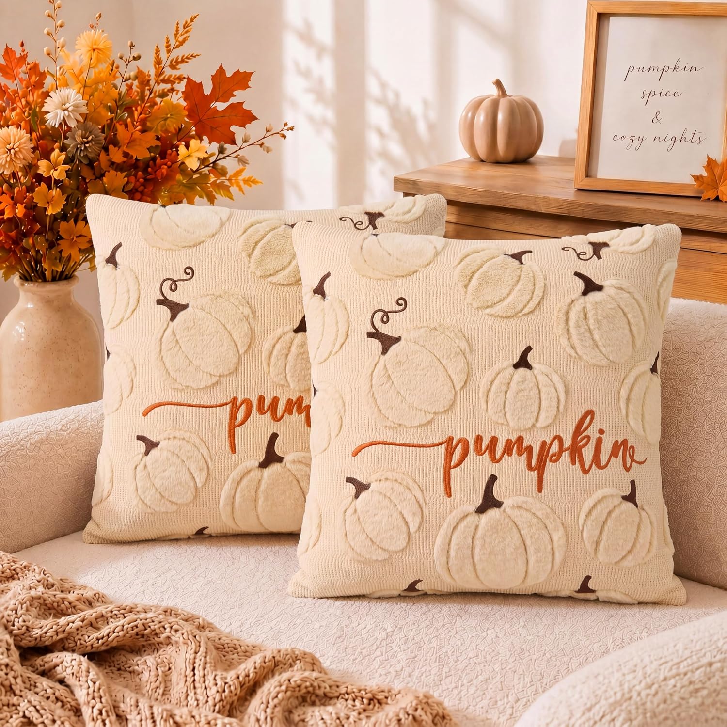Faux Rabbit Fur Fall Pillow Covers 18x18 Soft Fluffy Pumpkins Beige | Throw Pillow Covers 18x18 Set of 2 Couch Sofa Livingroom Bedroom Decorative Vintage Fall Home Decor