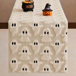 Halloween Table Runner 13x72 Inch Soft Plush Faux Fur Jacquard Beige Ghost Table Runner Holiday Kitchen Dining Table Decoration for Home Party Decor ZR011A72