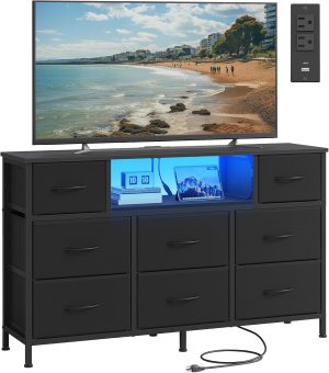 SONGMICS BELLAH Collection - Dresser for Bedroom with Outlets and LED Lights, TV Stand for TVs Up to 55 Inches, Chest of Drawers, 8 Drawers, Steel, Industrial, Modern, Ink Black ULGS433BH02S