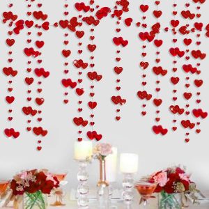 52Ft Valentines Day Party Decorations Red Heart Garland Metallic Glitter Hanging Heart Streamer Banner for Anniversary Mother's Day Engagement Wedding Bridal Shower Bachelorette Hen Party Supplies