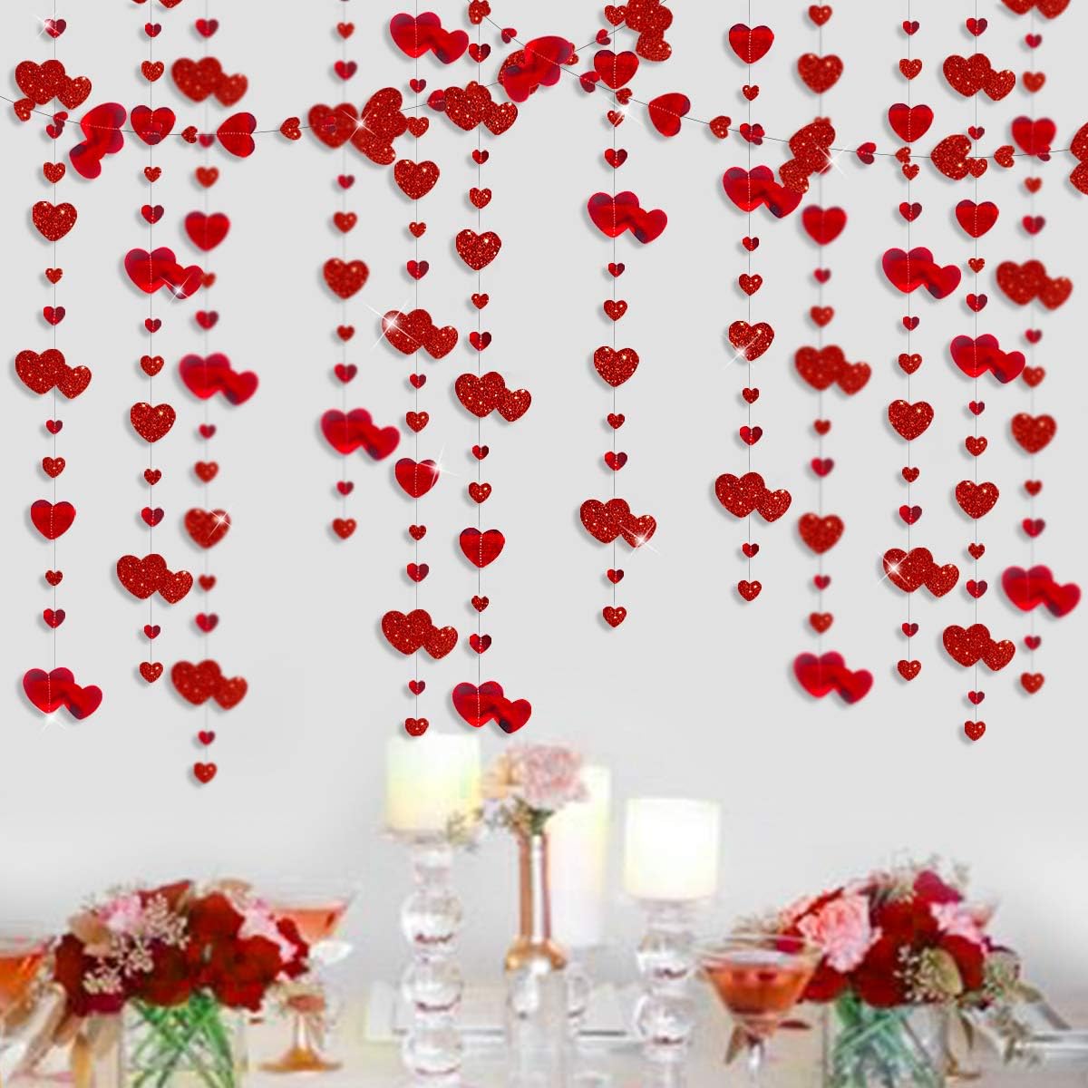 52Ft Valentines Day Party Decorations Red Heart Garland Metallic Glitter Hanging Heart Streamer Banner for Anniversary Mother's Day Engagement Wedding Bridal Shower Bachelorette Hen Party Supplies