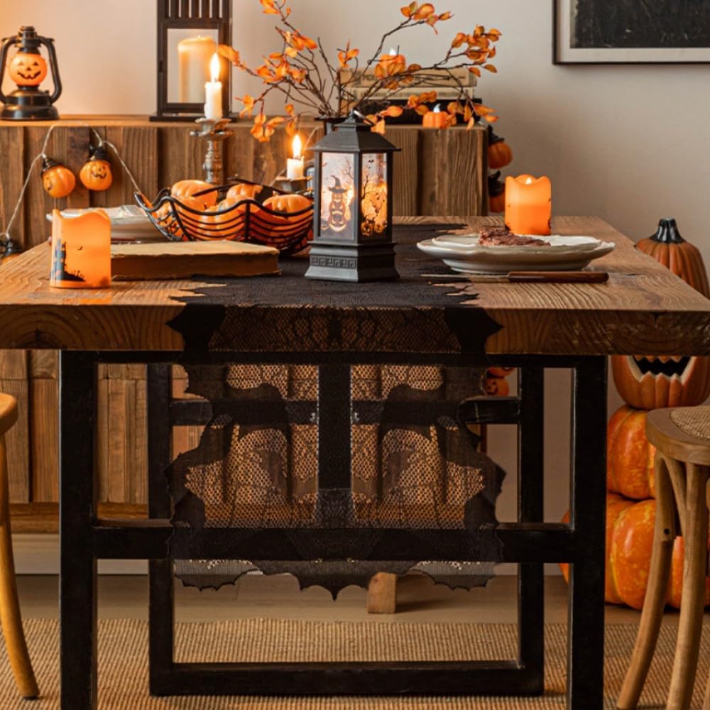 Halloween Table Runner, Black Lace Bat Web Table Runners for Halloween Table Decor, Creepy Table Cloth for Halloween Party Dinner Table Decoration 13 x 70Inch