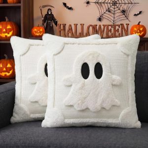 AVOIN colorlife Halloween Ghost Cream White Throw Pillow Covers 18 x 18 Inch, Spooky Soft Plush Faux Fur Jacquard Cushion Case Decoration for Sofa Couch Set of 2
