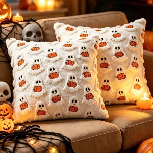 Halloween Ghost Pillow Covers Set of 2-18x18, Cream Plush Fluffy Washable | Spooky Halloween Fall Decor,Soft Faux Fur Wool, Velvet Throw Pillows Case for Couch Sofa Bed Porch Living Room Chair Home