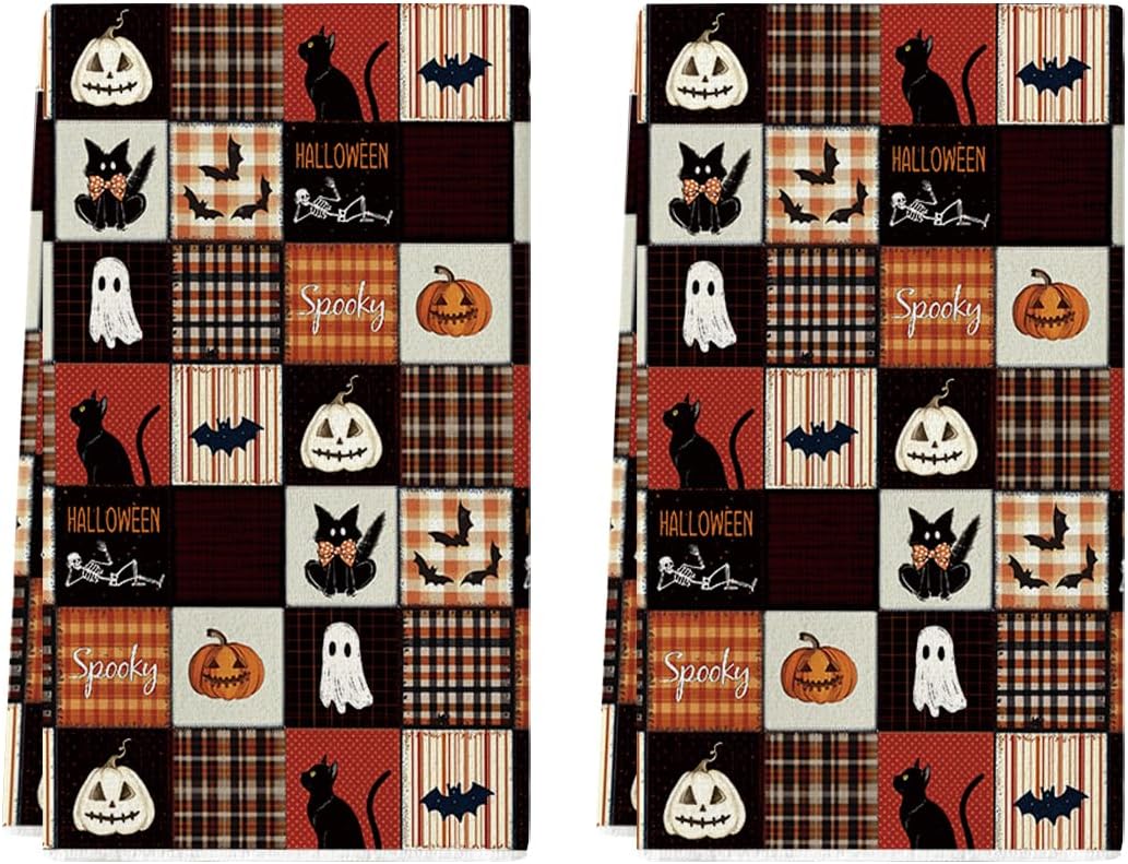 Artoid Mode Check Cats Ghost Halloween Kitchen Towels Set of 2 18x26 Inch | Spooky Pumpkin Hand & Dish Towels,Ultra Absorbent,Seasonal Farmhouse Decoration