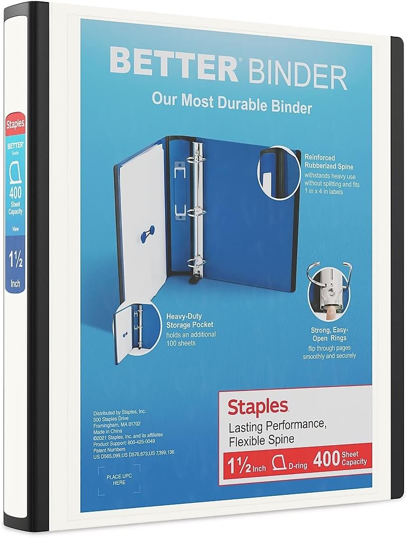 Staples Heavy-Duty 1.5-Inch D-Ring Binder – Large Capacity 3-Ring Binder with Pockets & Spine Label for School & Office