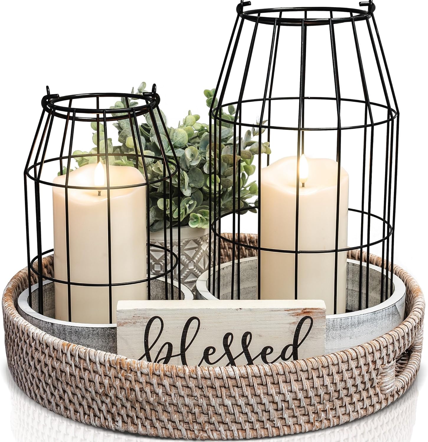 Rustic Farmhouse Lantern Decor Set of 2 - Stylish Decorative Lanterns for Your Living Room, Patio & Porch or Kitchen Dining Table - Modern Indoor/Outdoor Coffee Table Decor for Your Entire Home
