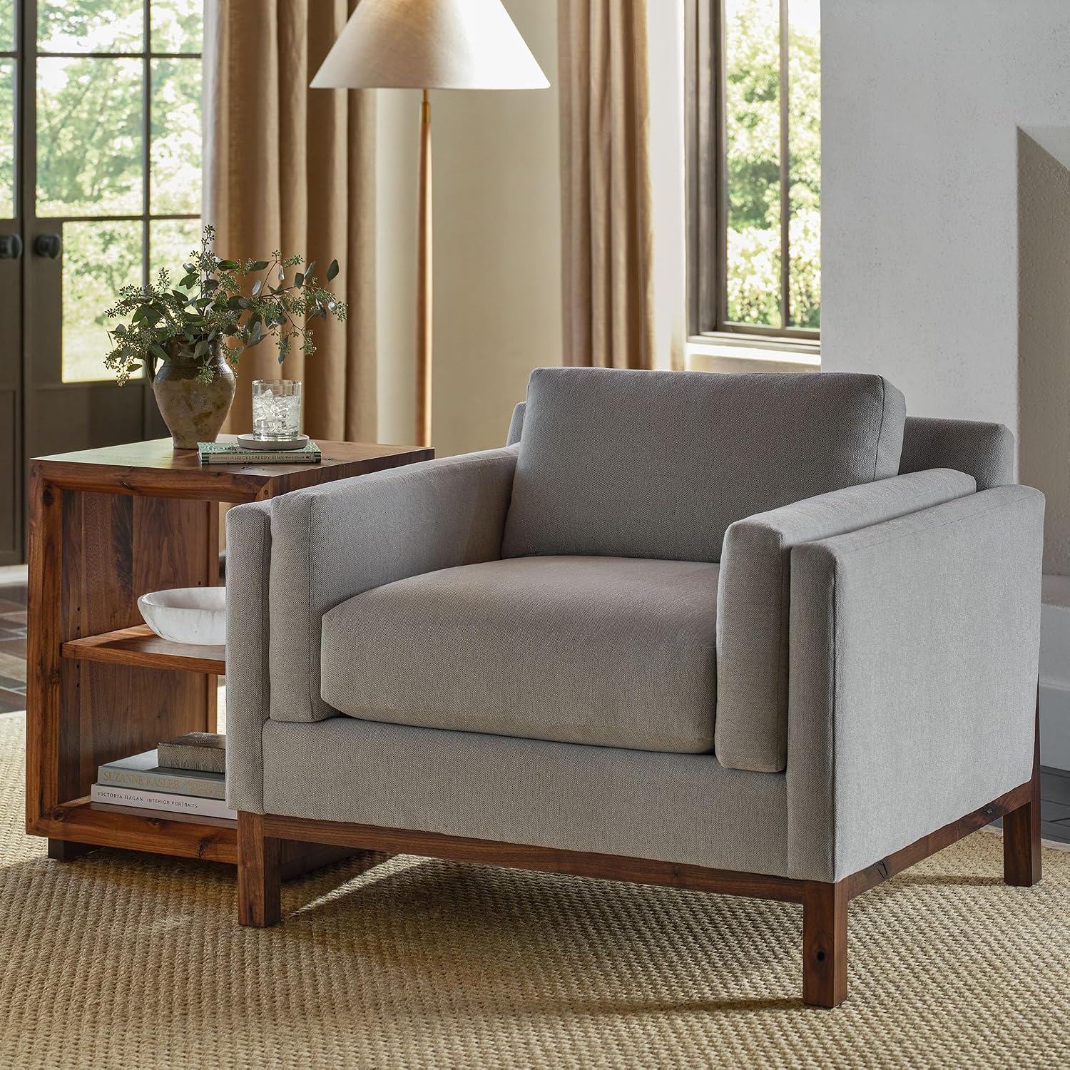 Saranac Chair/Lounge Chair | Solid Rustic Walnut Base, Sustainable Construction, Sewn-In Pillows, Sustainable Easy-Care Fabric, Square Legs, Made in USA