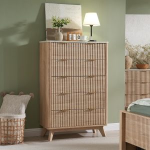 T4TREAM 48" Tall Fluted 5 Drawer Dresser for Bedroom, Natural Oak | Mid Century Modern, Faux Marble Top, Curved Profile, Metal Handles, Anti-tip Kit, Smooth Slides, for Living Room, Hallway
