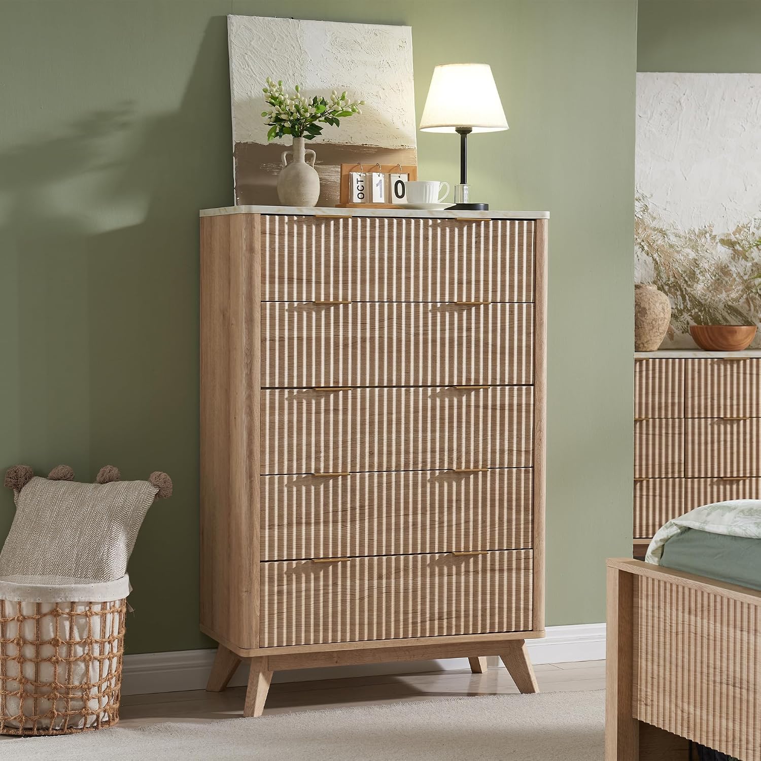 T4TREAM 48" Tall Fluted 5 Drawer Dresser for Bedroom, Natural Oak | Mid Century Modern, Faux Marble Top, Curved Profile, Metal Handles, Anti-tip Kit, Smooth Slides, for Living Room, Hallway