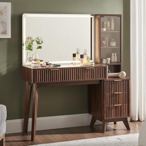 T4TREAM 48" Fluted Makeup Vanity Desk with 36" Lighted Mirror, Dark Walnut | Smart LED Mirror, Visible Glass Top, 5 Drawers & Adjustable Storage Shelves, Charging Station, Bedroom Makeup Storage