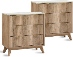 T4TREAM 32" Large Fluted Nightstand with 3 Drawers Set of 2, Natural Oak | Oversized, Mid Century Modern, Faux Marble Top, Curved Profile, Metal Handles, Smooth Slides, Spacious Drawers, for Bedroom