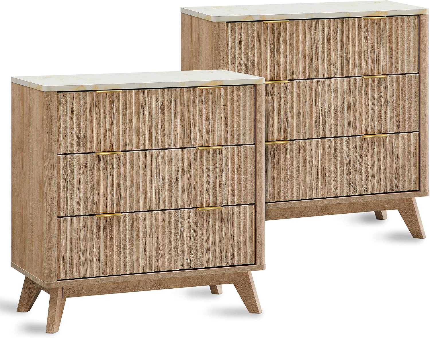 T4TREAM 32" Large Fluted Nightstand with 3 Drawers Set of 2, Natural Oak | Oversized, Mid Century Modern, Faux Marble Top, Curved Profile, Metal Handles, Smooth Slides, Spacious Drawers, for Bedroom