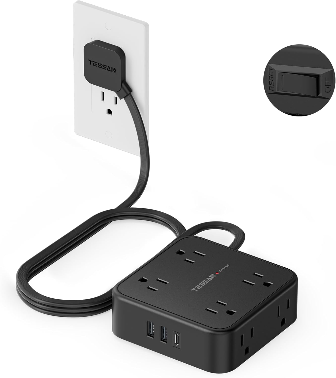 TESSAN Surge Protector Power Strip with 900J Surge Protection, 5 Ft, Black | 8 AC with 3 USB Ports (1 USB C), Flat Plug Extension Cord, 3 Sided Outlet Extender with Power Switch for Office, Dorm Room