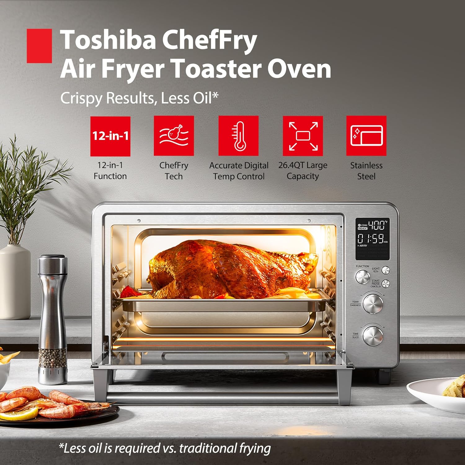 TOSHIBA ChefFry 26.4-Quart SS Air Fryer Toaster Oven: Bake, Broil, Pizza, Dehydrate. - Image 2
