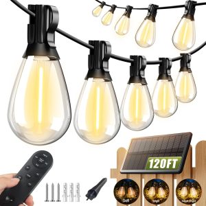 Tenmiro 120FT Solar Outdoor String Lights with Remote and 32+2 LED Shatterproof Bulbs Dimmable & Timing 3 Light Modes Solar Patio String Lights for Cafe, Garden, Deck, Outside Wedding Last for 10+Hrs