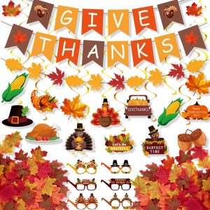 Thanksgiving Decorations Set, GIVE THANKS Banner and Garland, Hanging Swirls, Turkey Glasses and Maple Leaf for Indoor Home Party Office Classroom School Fall Decor