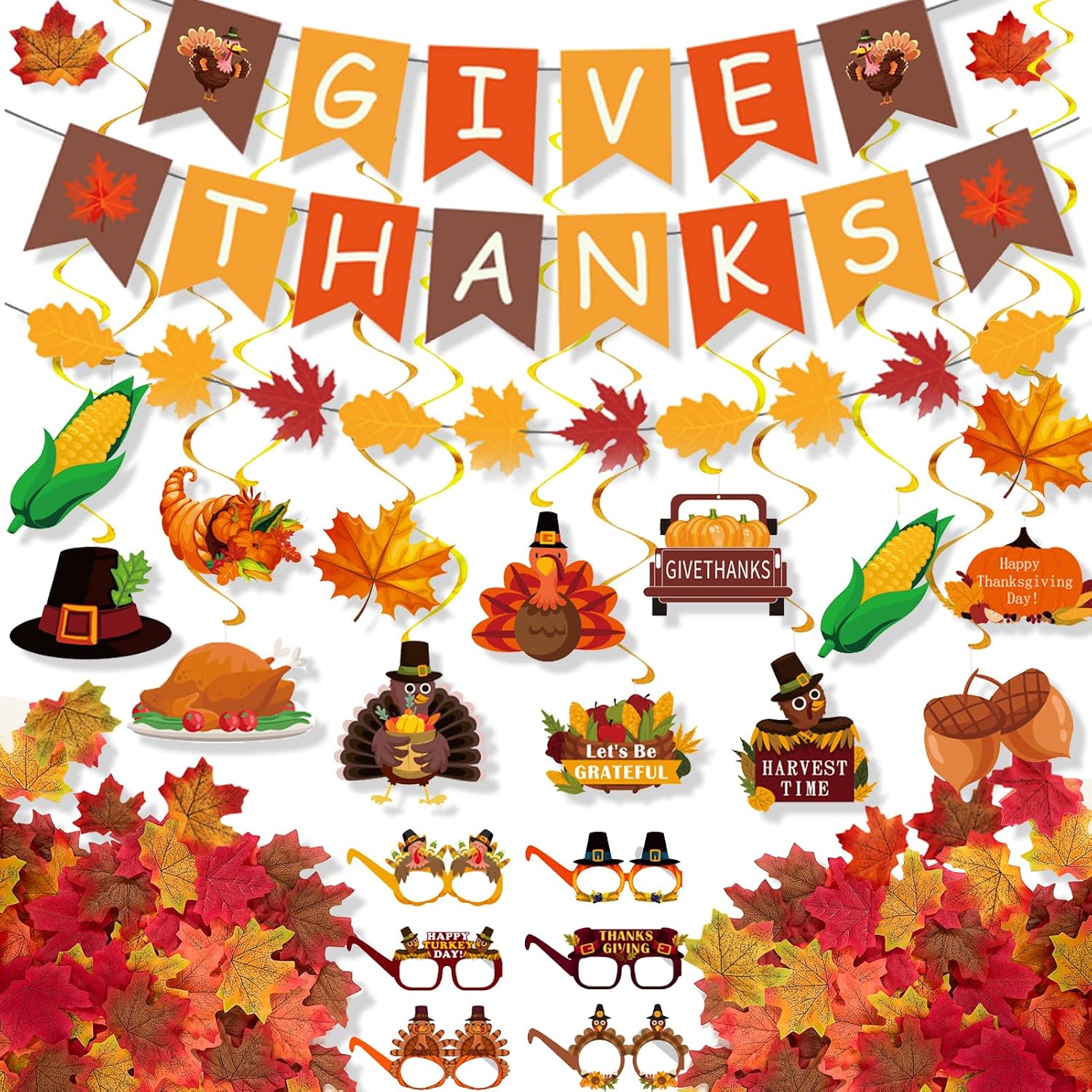 Thanksgiving Decorations Set, GIVE THANKS Banner and Garland, Hanging Swirls, Turkey Glasses and Maple Leaf for Indoor Home Party Office Classroom School Fall Decor