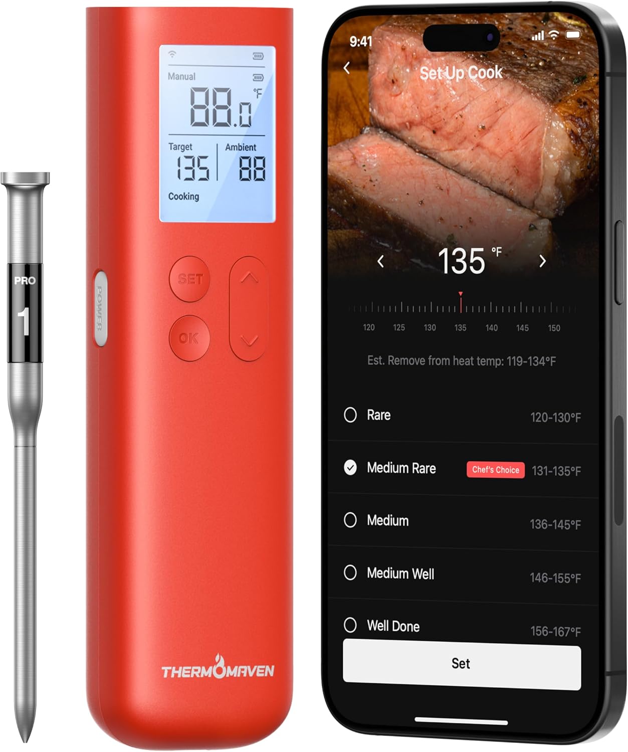 ThermoMaven Sub-1G Smart Wireless Meat Thermometer with Standalone Base | 10X Enhanced Signal and Stability, ±0.5℉ Certified Accuracy, WiFi Unlimited Range for BBQ, Oven, Smoker, Grill