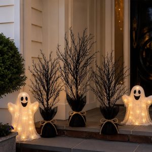 Thiccywoov 3 Set Halloween Black Tree, Halloween Outdoor Decoration | Large, 3 Sizes, Plastic Bendable Branche, Weighted Wrapped Base, Spooky, Gothic, for Porch Yard Entryway Party Haunted House