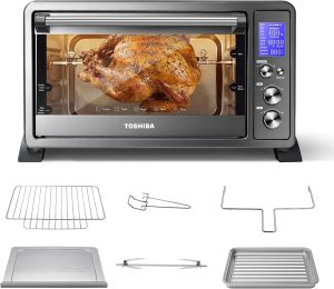 TOSHIBA 10-in-1 Convection Toaster Oven, 6-Slice Countertop Oven, 1500W | Bake, Broil, Rotisserie & Pizza Functions, LCD Knob Controls, 6 Accessories, with Toast, 1500W, Black Stainless Steel