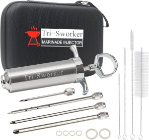 Tri-Sworker Meat Injectors for Smoking with Case and 4 Flavor Food Injector Syringe Needles, Injector Marinades for Meat, Turkey, Brisket; 2-oz; Including Paper and E-Book (PDF) User Manual