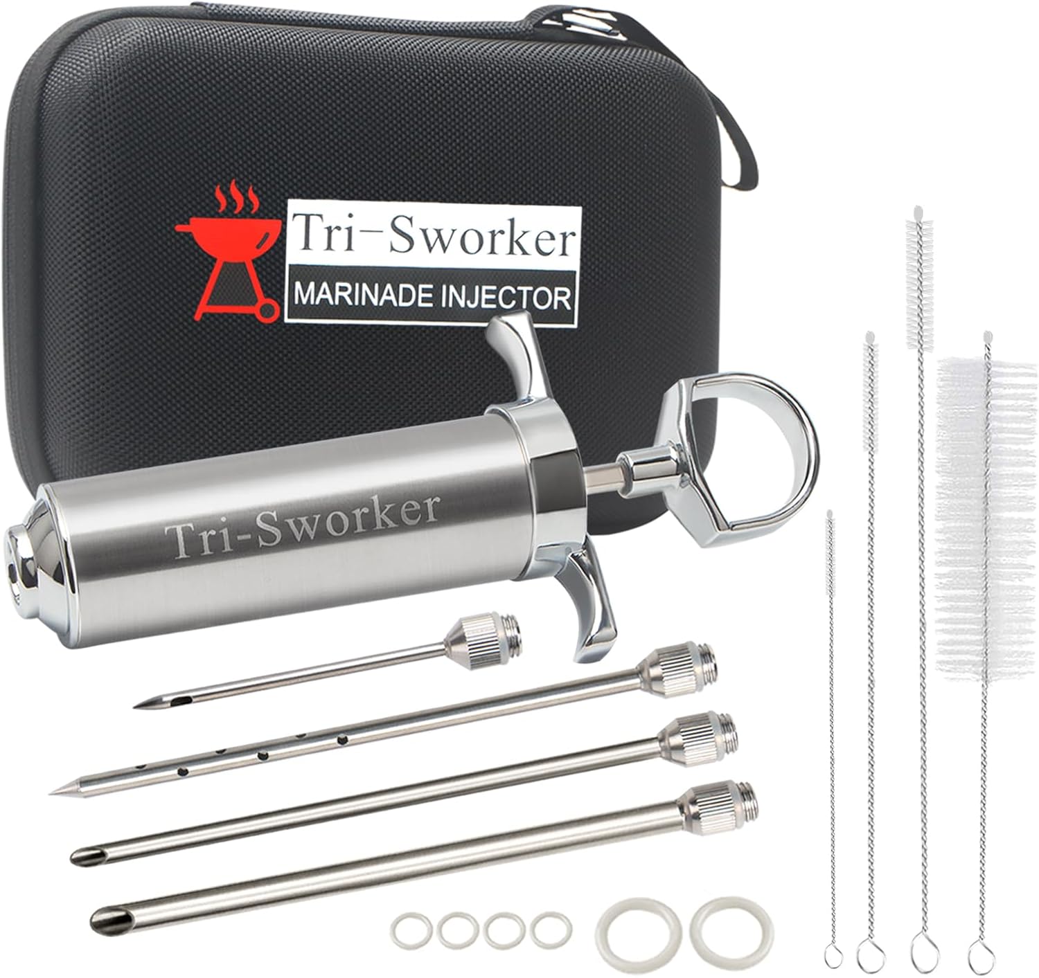 Tri-Sworker Meat Injectors for Smoking with Case and 4 Flavor Food Injector Syringe Needles, Injector Marinades for Meat, Turkey, Brisket; 2-oz; Including Paper and E-Book (PDF) User Manual