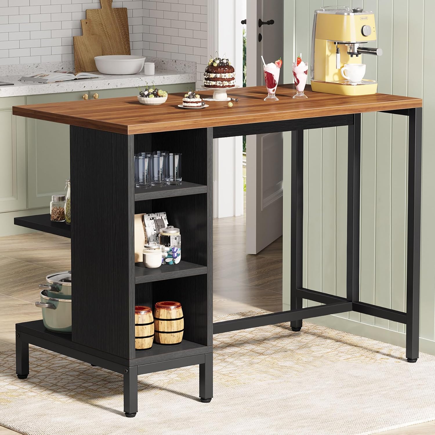 Tribesigns Kitchen Island, 43" Butcher Block Island Table for Kitchen | 5 Open Storage Shelves and Large Worktop, Industrial Bar Table for Dining Room, Home Bar (Stools Not Included)