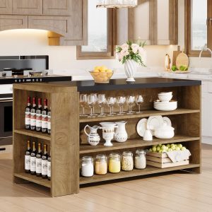 Tribesigns 55" Kitchen Island with Storage, Farmhouse 5-Tier Stationary Island Table with 5 Shelves, Wood Coffee Bar Table Storage Cabinet with Large Countertop for Kitchen, Vintage Brown