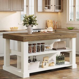 Shop Kitchen Tools & Home Decor Tribesigns 55" Kitchen Island with Seating and Storage, 3-Tier, Modern | Wood Stationary Island Table with Large Worktop & Legroom, Heavy Duty, Coffee Bar Table with Storage Shelf for Kitchen, White