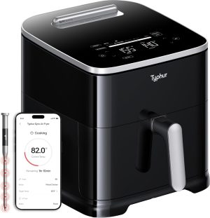 Typhur Sync 8QT AI Smart Air Fryer with Built-in Wireless Meat Thermometer | 9-in-1 XL Non Toxic Airfryer | PFAS-Free Ceramic Basket | 450°F Max | Fits 6lb Whole Chicken | Quiet & Dishwasher Safe | 120V