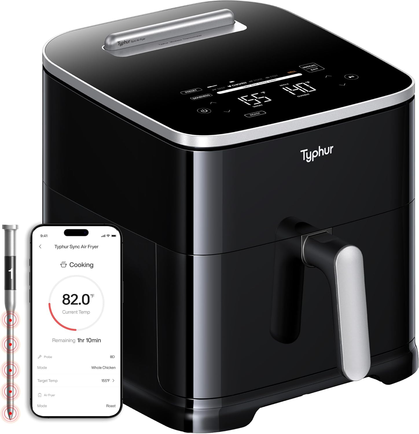 Typhur Sync 8QT AI Smart Air Fryer with Built-in Wireless Meat Thermometer | 9-in-1 XL Non Toxic Airfryer | PFAS-Free Ceramic Basket | 450°F Max | Fits 6lb Whole Chicken | Quiet & Dishwasher Safe | 120V
